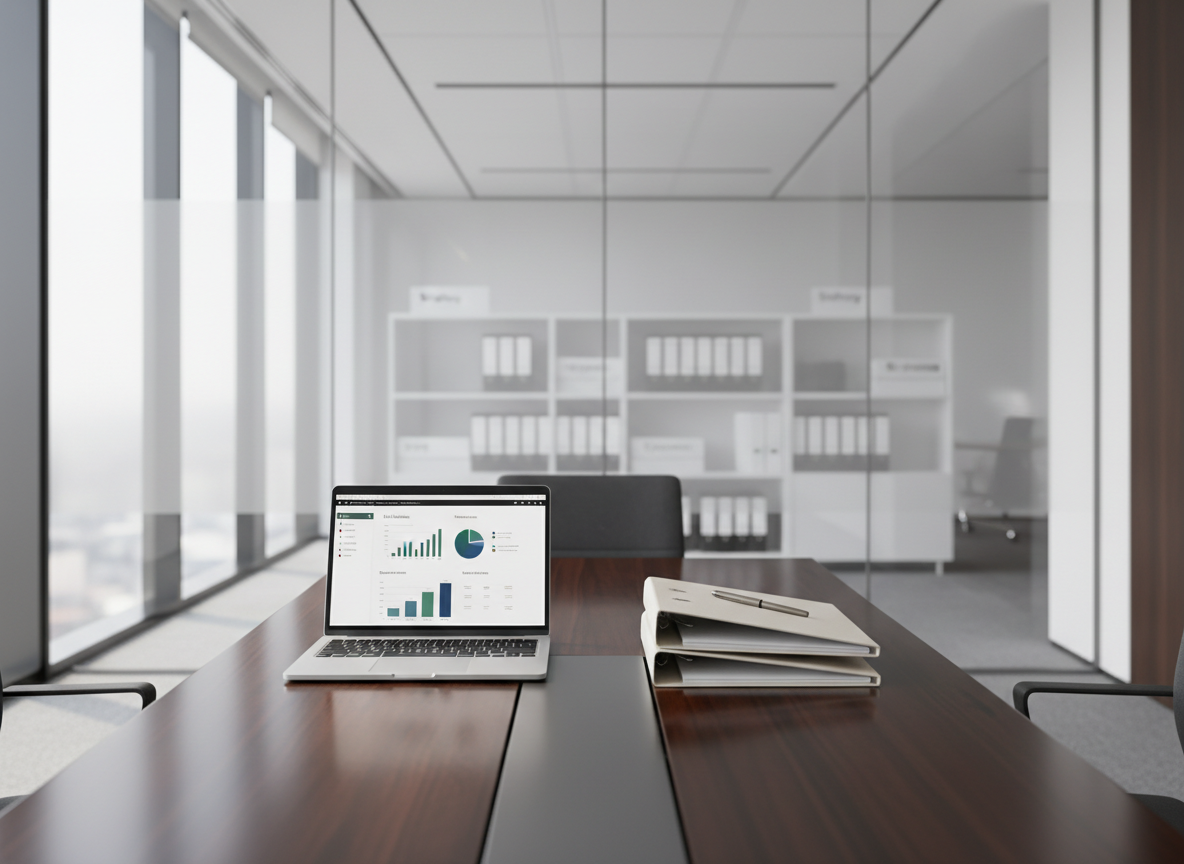 A sleek, glass-walled conference room table crafted from dark walnut, its surface meticulously organized with a single open laptop displaying a clean project dashboard, neatly stacked briefing folders, and a brushed steel pen. Through the transparent walls, rows of frosted glass partitions and minimalist shelving with binders labeled “Strategy,” “Operations,” and “Staffing” are visible, slightly out of focus. Soft daylight from tall office windows creates gentle reflections on the table and subtle shadows along the floor. Captured at eye level in photographic realism, with a shallow depth of field that keeps the table in crisp focus, the mood is professional, calm, and orderly, evoking high-level management consulting for government and corporate environments.