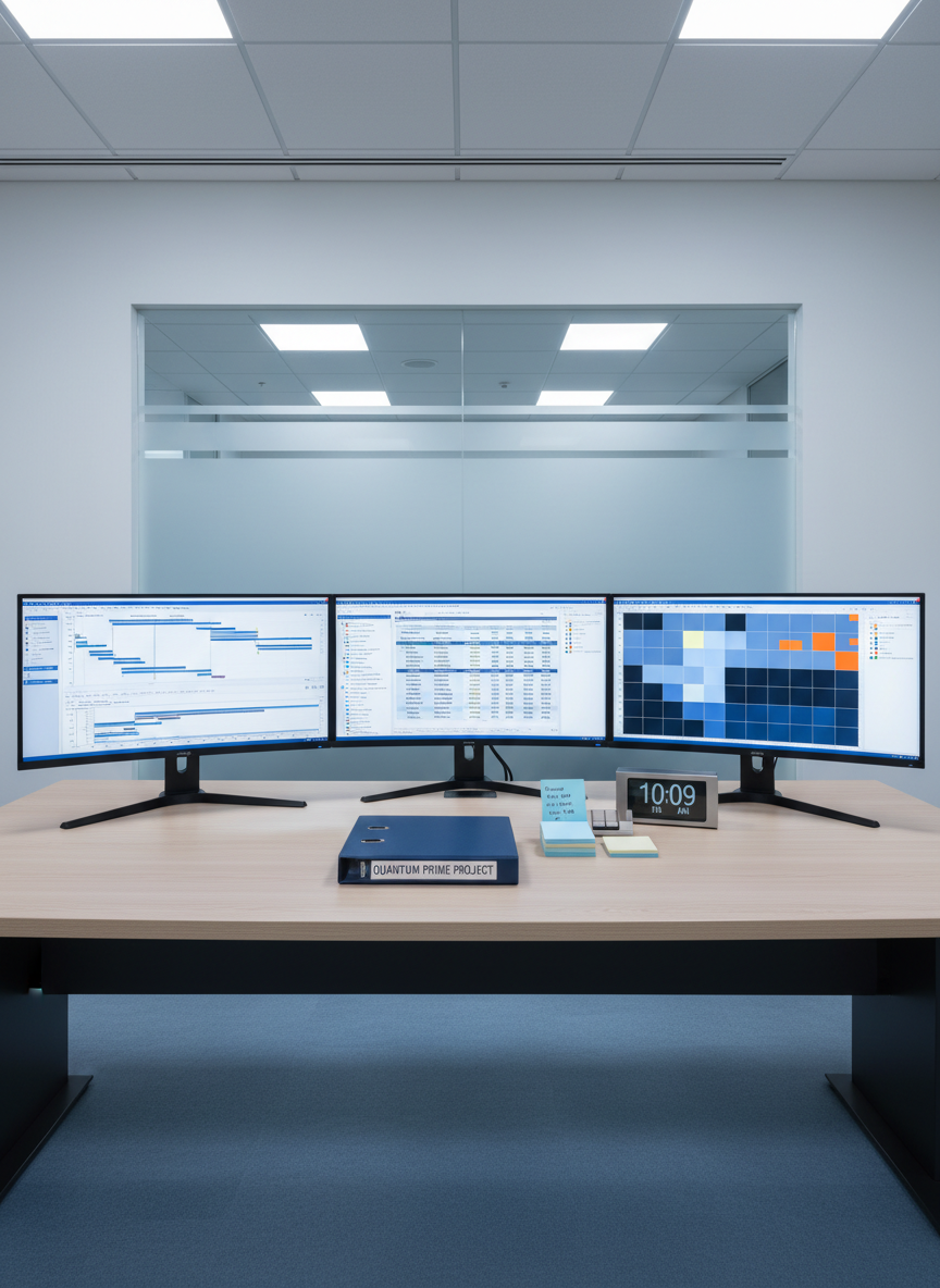 An immaculate project command center setup on a long, light-ash desk featuring three ultra-wide monitors displaying colorful Gantt charts, resource allocation matrices, and risk heat maps, all in a cohesive blue and gray palette. Around the monitors sit a closed, embossed leather project binder, a neatly arranged set of sticky notes, and a precise metal desk clock. The backdrop is a modern office wall with a large, frosted-glass panel etched with faint gridlines. Cool, diffused overhead lighting and subtle under-desk LED glow keep everything evenly illuminated. Photographic realism at a slightly elevated angle emphasizes structure and clarity, creating a controlled, analytical atmosphere ideal for project coordination and program oversight.