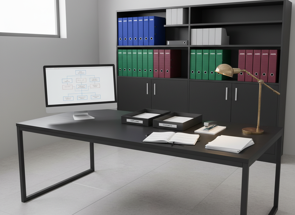 A refined administrative management workspace featuring a wide, matte-black desk with meticulously aligned file trays labeled “Compliance,” “Reporting,” and “Contracts,” beside a slim all-in-one computer displaying a clean organizational chart. A structured planner lies open with neatly ruled lines, next to a stainless steel stapler and a stack of crisp white forms. Behind the desk, a tall storage cabinet with uniform, color-coded binders stands against a pale gray wall. Soft, indirect daylight filters through a high side window, complemented by a warm desk lamp that casts gentle, focused light. Shot in photographic realism from a three-quarter angle with moderate depth of field, the composition feels stable, efficient, and quietly authoritative, perfectly suited to administrative management services.
