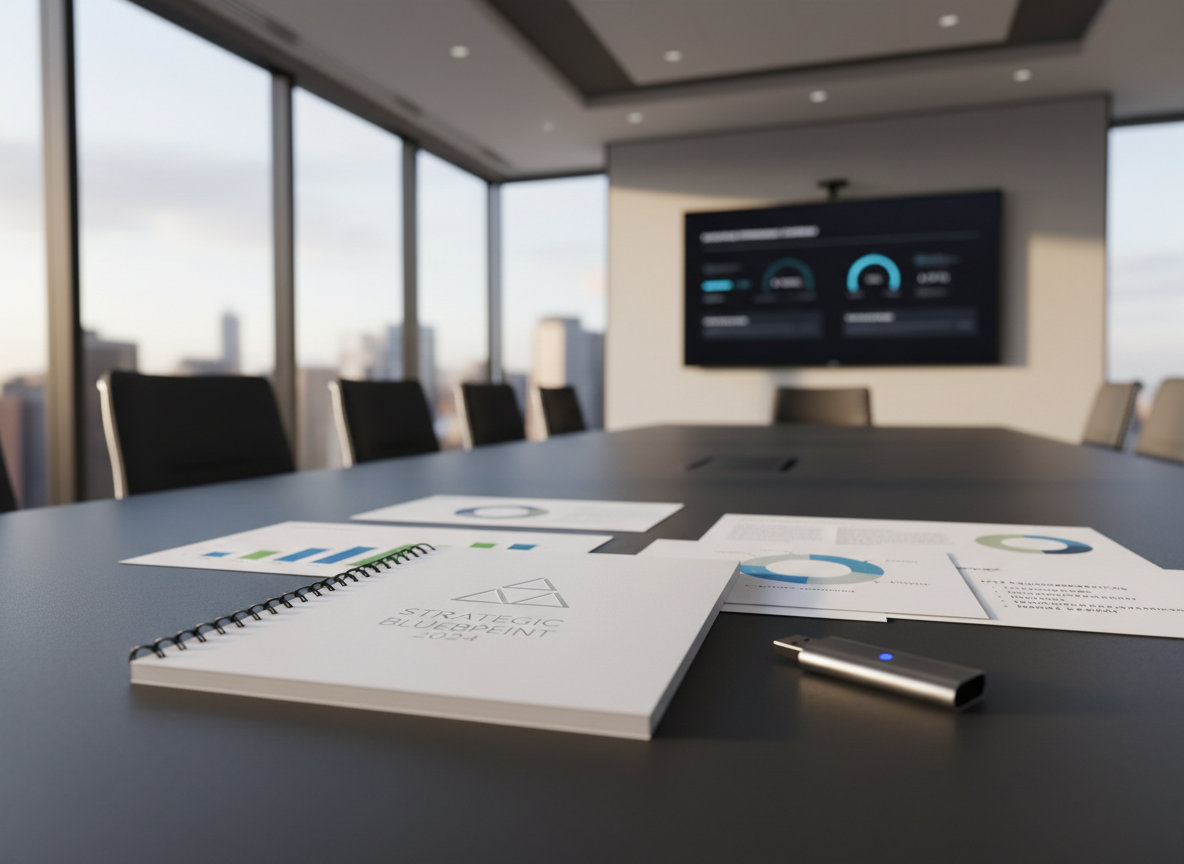 A sophisticated consulting deliverable laid out on a charcoal-gray boardroom table: a spiral-bound strategy report with a clean, white cover embossed with a subtle geometric logo, several printed slide decks showing bar charts, process diagrams, and key recommendations, and a brushed-aluminum USB drive placed precisely beside them. In the background, a large wall-mounted screen displays a clear, minimalist dashboard of performance metrics against a blurred city skyline beyond floor-to-ceiling windows. Late-afternoon natural light mixes with understated ceiling fixtures, creating a balanced, professional glow. Photographic realism from a slightly low, close-up angle emphasizes the tangible quality of the documents, evoking confidence, clarity, and executive-ready consulting insights for enterprise and public-sector clients.