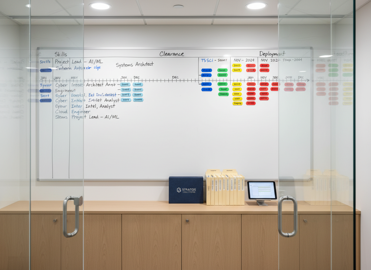 A precision-focused workforce staffing scene centered on a large, matte whiteboard mounted in a glass-partitioned office, covered with neatly written role titles, timelines, and color-coded magnets arranged in orderly columns labeled “Skills,” “Clearance,” and “Deployment.” Below the board, a pale oak credenza holds a closed, navy-blue staffing portfolio, a row of labeled personnel folders, and a minimalist digital tablet resting on its stand. Overhead, balanced neutral lighting from recessed fixtures keeps the environment evenly bright without harsh contrasts. Captured straight-on in photographic realism, with sharp focus across the frame, the mood is organized, methodical, and data-driven, conveying the rigor of staffing for complex government and corporate engagements.